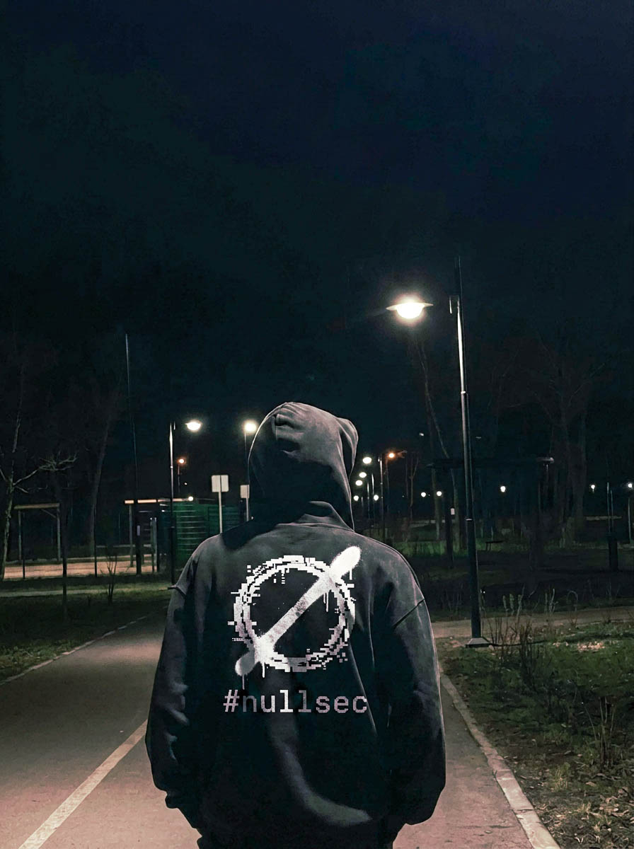 Hoodie #nullsec porté de dos, de nuit